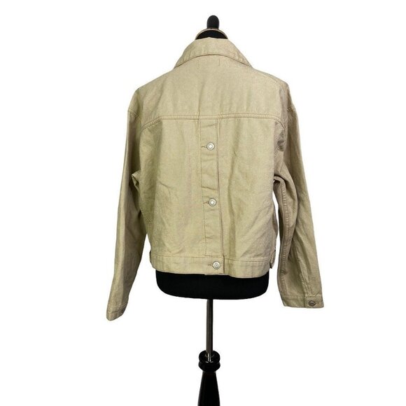 Oat New York Womens Denim Crop Backvent Jacket Khaki Buttons Pockets Collared L - Picture 3 of 9